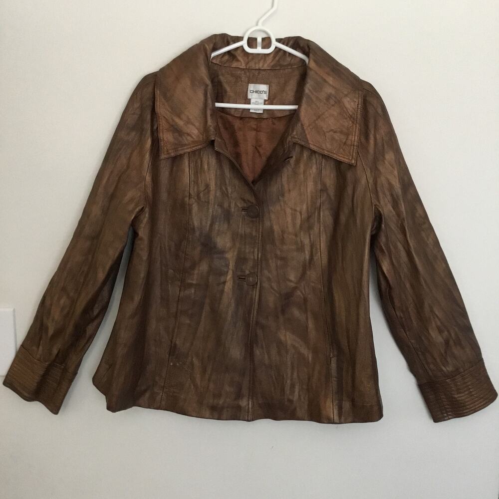 Chico's Women's Bronze Leather Coat Lined Flare Large Collar Slit Pockets Sz 2 M